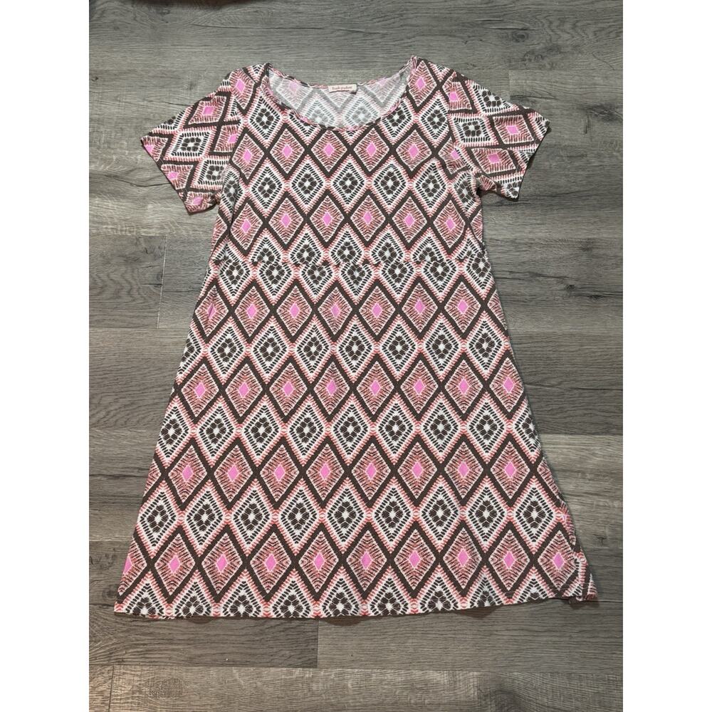 Fresh Produce Dress 1X Pink Brown Geometric Print Cotton USA Short Sleeve